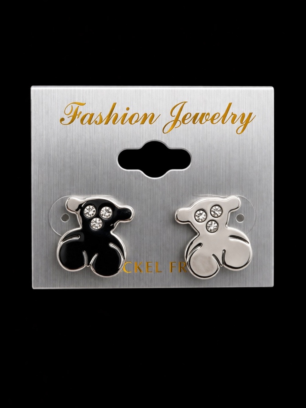 Teddy Bear Stud Earrings - Silver with Crystals NWT